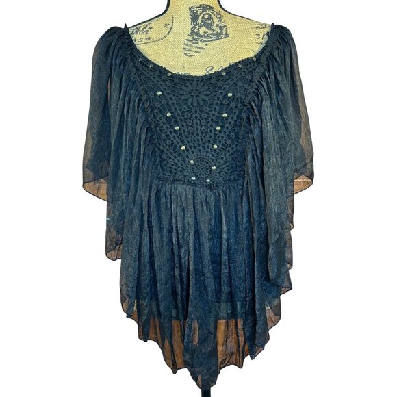 VTG Womens M Babydoll Top Black Sheer Crochet Studded Fairy Whimsy Goth Witchy - Picture 1 of 11